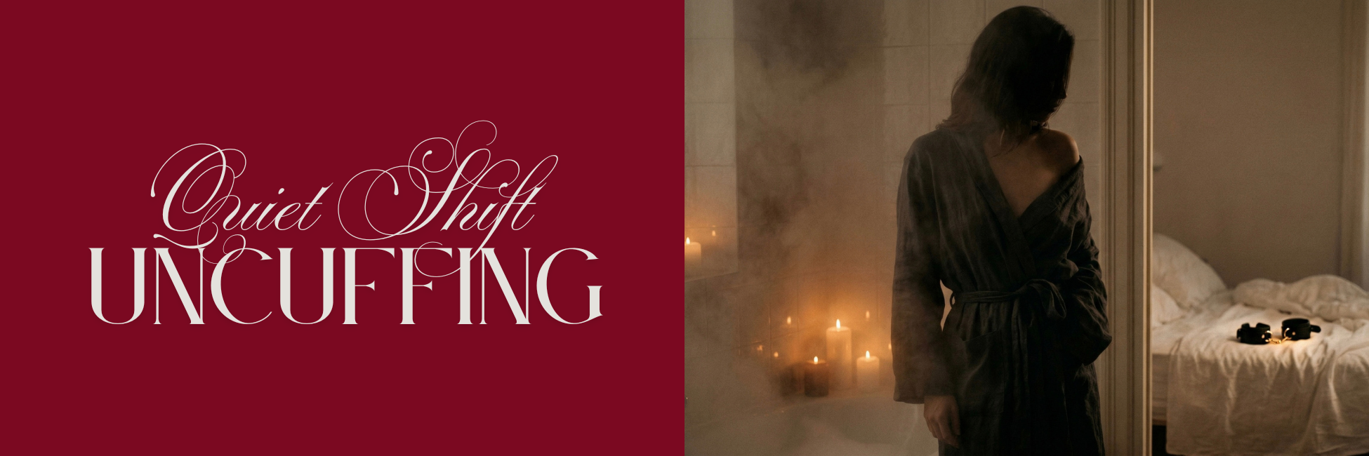 Woman in a softly lit room after a bath, placed cuffs on a bed and now pausing before a decision