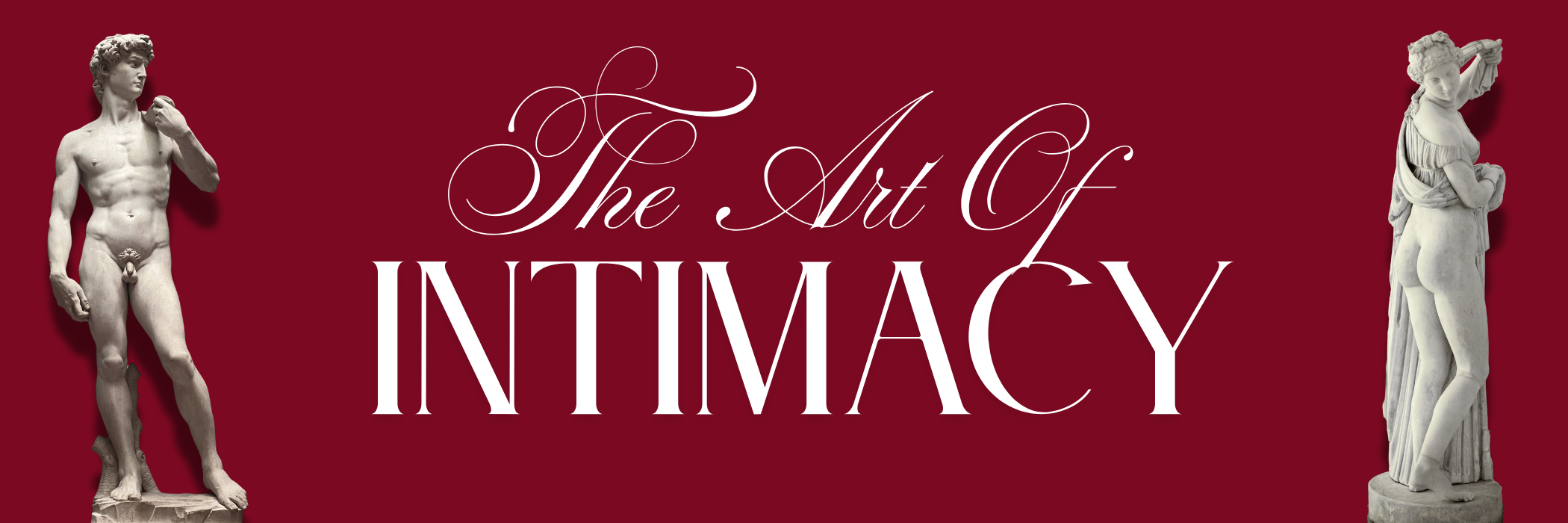 About Us banner for mooods featuring marble statues of Michelangelo's David and Venus against a deep burgundy background with the text 'The Art of Intimacy'. Representing inclusivity and Italian heritage.