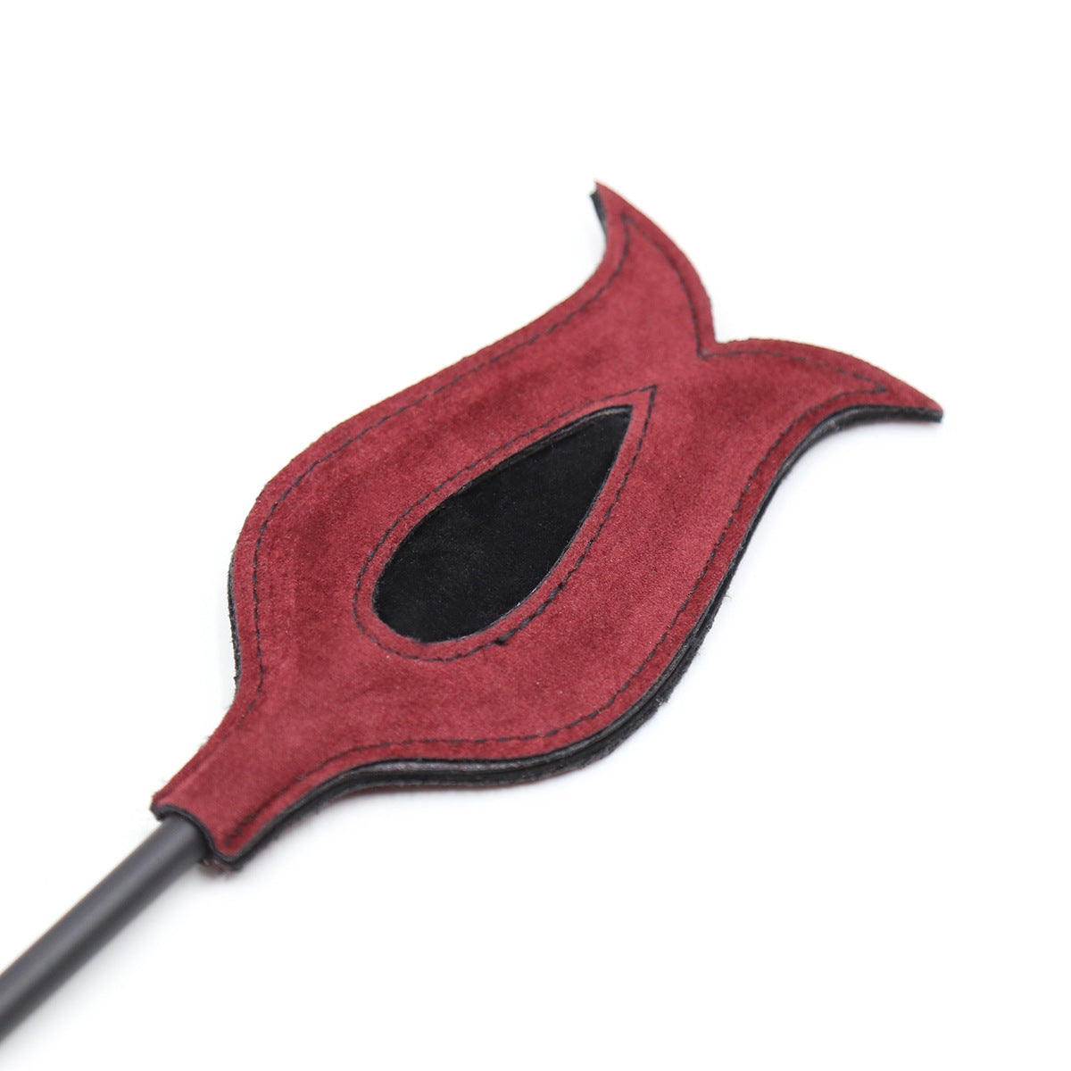 Suede Dark Red Feathered Tip Riding Crop close up detail 