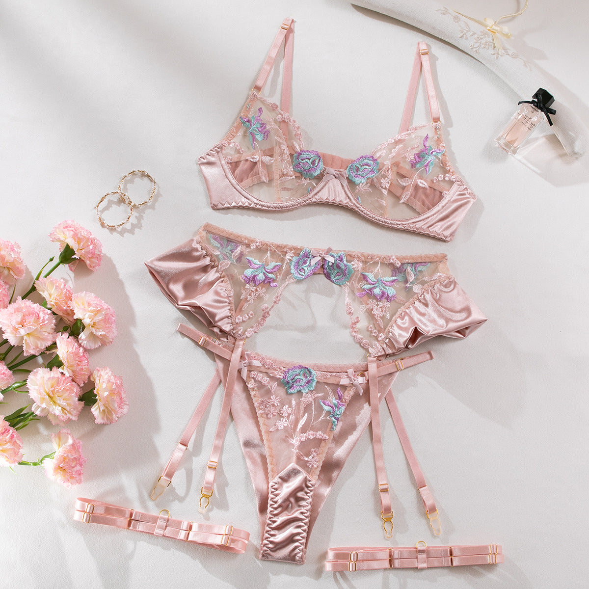 Honeymoon Lace & Satin Embroidered Lingerie Set
