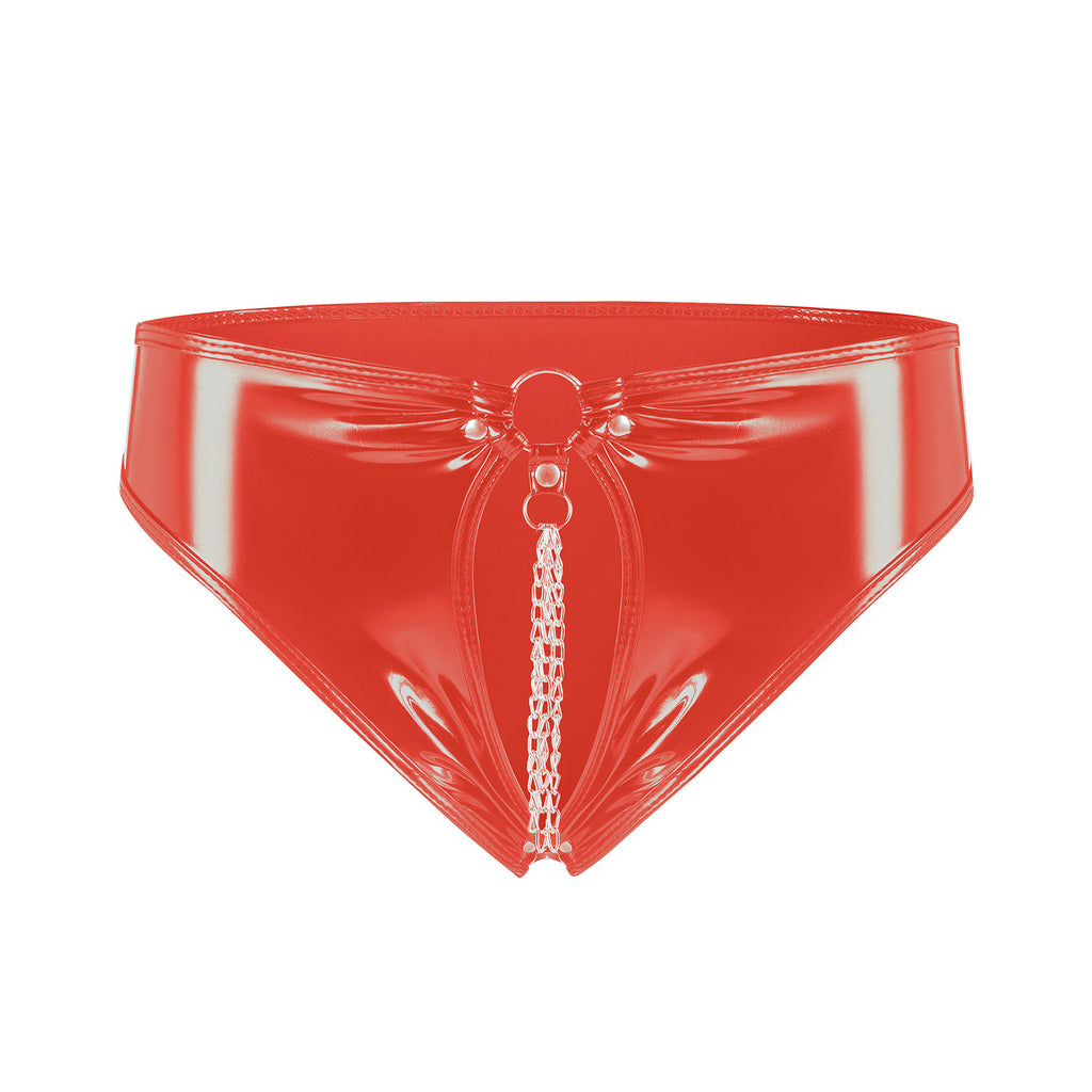 Glossy Temptation Patent Leather Shorts with Chain & Open Crotch red
