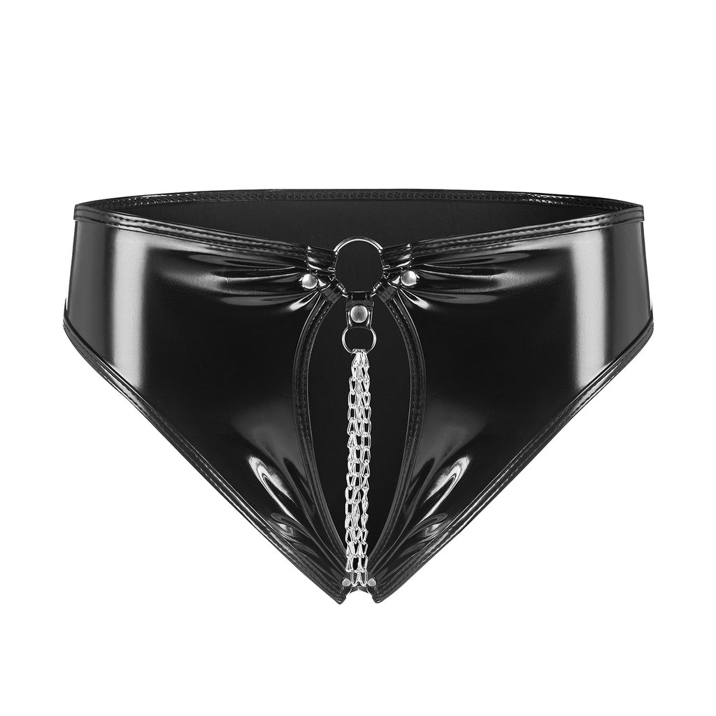 Glossy Temptation Patent Leather Shorts with Chain & Open Crotch 