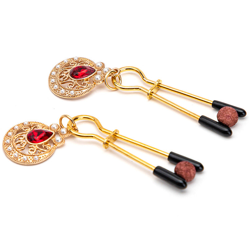 Gold Nipple Clamps with Red Gemstone Pendants