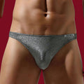 Men’s metallic gunmetal low-rise briefs with contoured pouch and shimmering stretch fabric