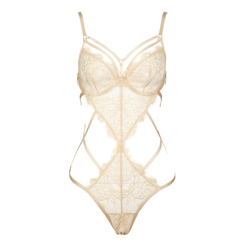Pearl Beige Lace Cutout Bodysuit 