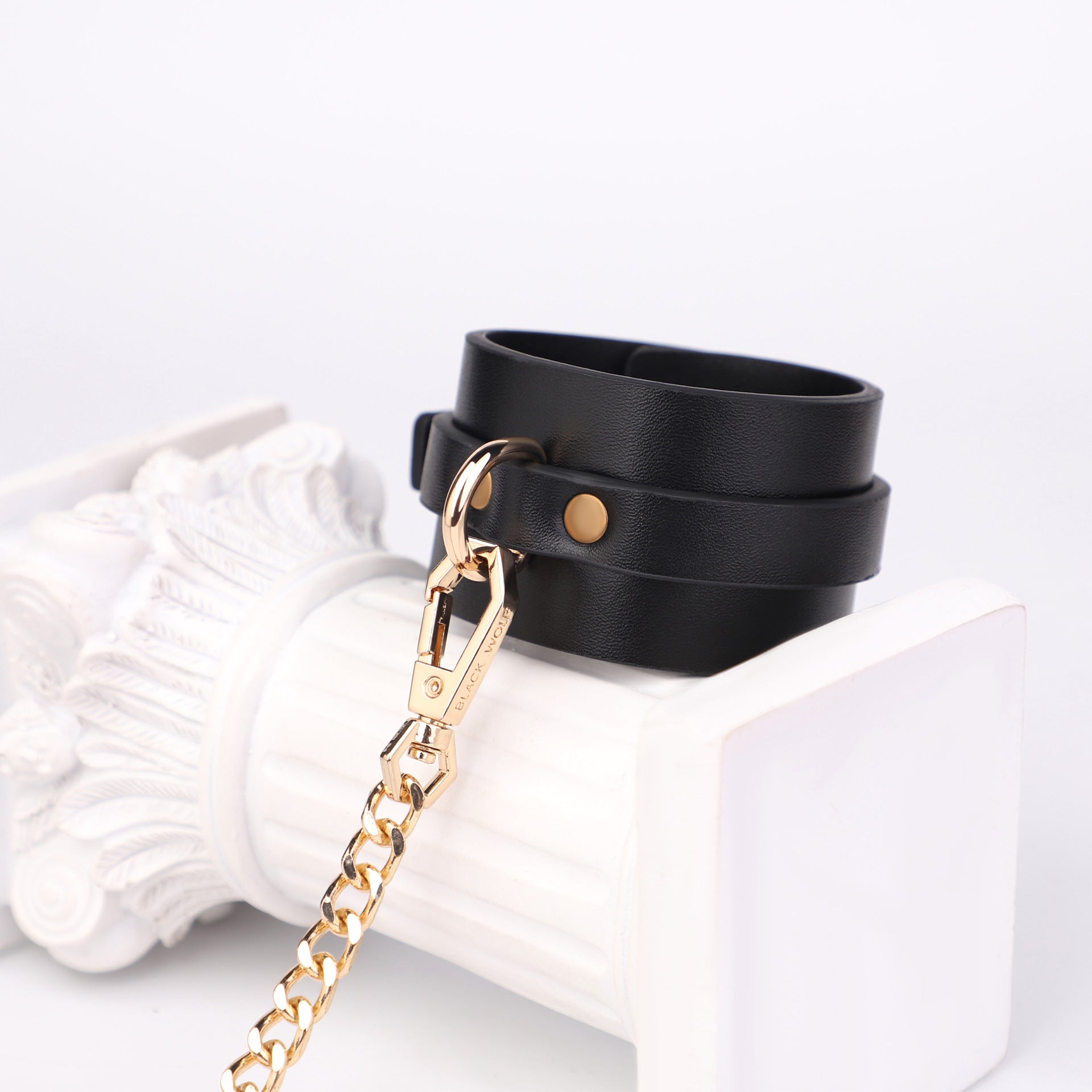 Prestige Black Leather Cuffs with Gold Chain Restraints