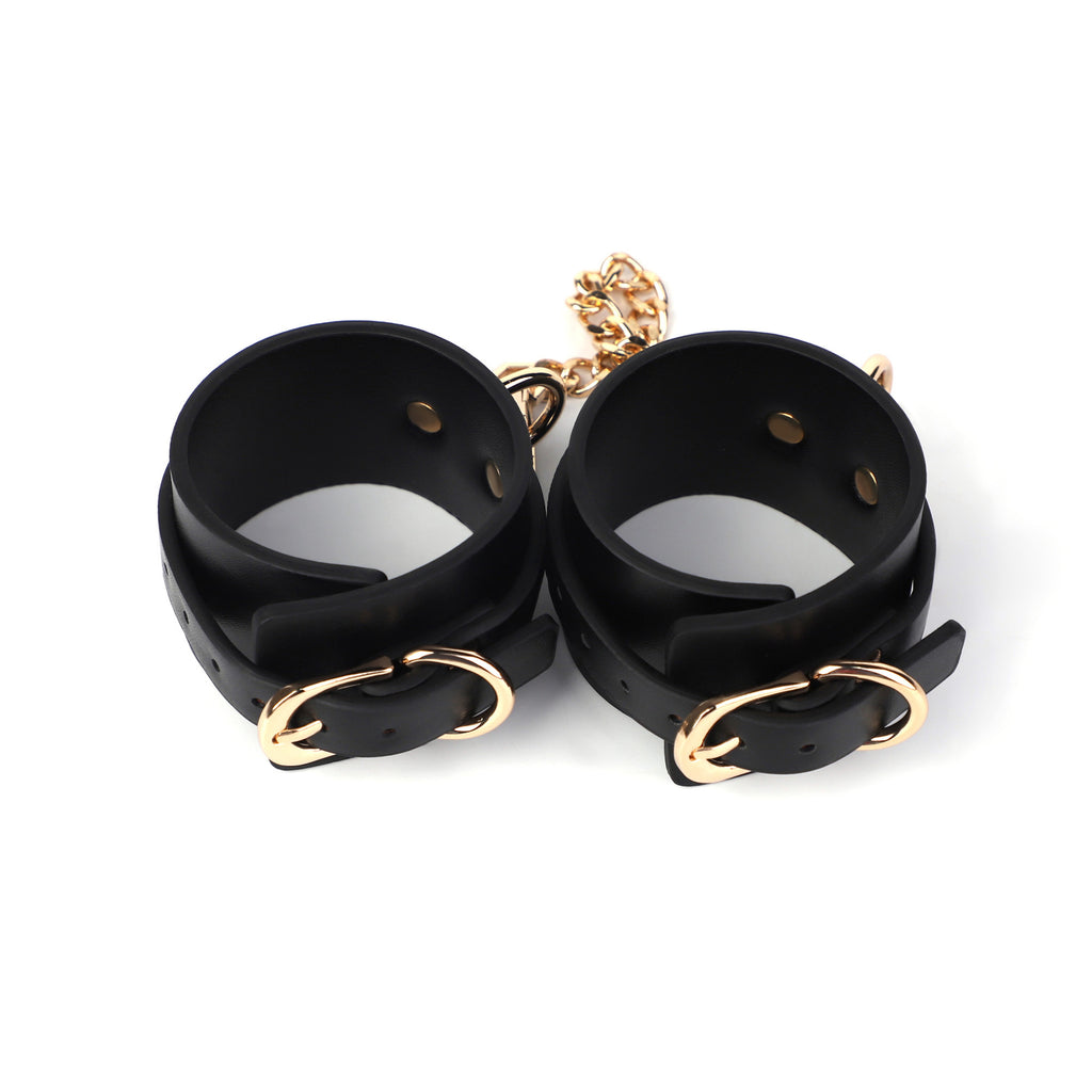 Prestige Black Leather Cuffs with Gold Chain Restraints