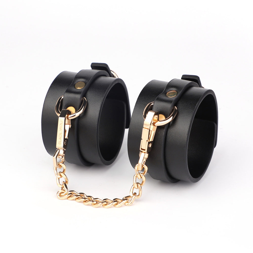 Prestige Black Leather Cuffs with Gold Chain Restraints