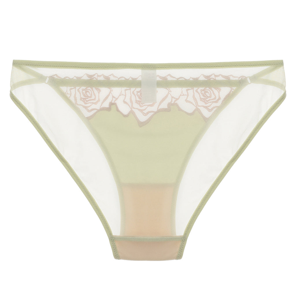 Rear view of the Aeris Sage mesh brief showing the sheer back coverage and low-rise fit.