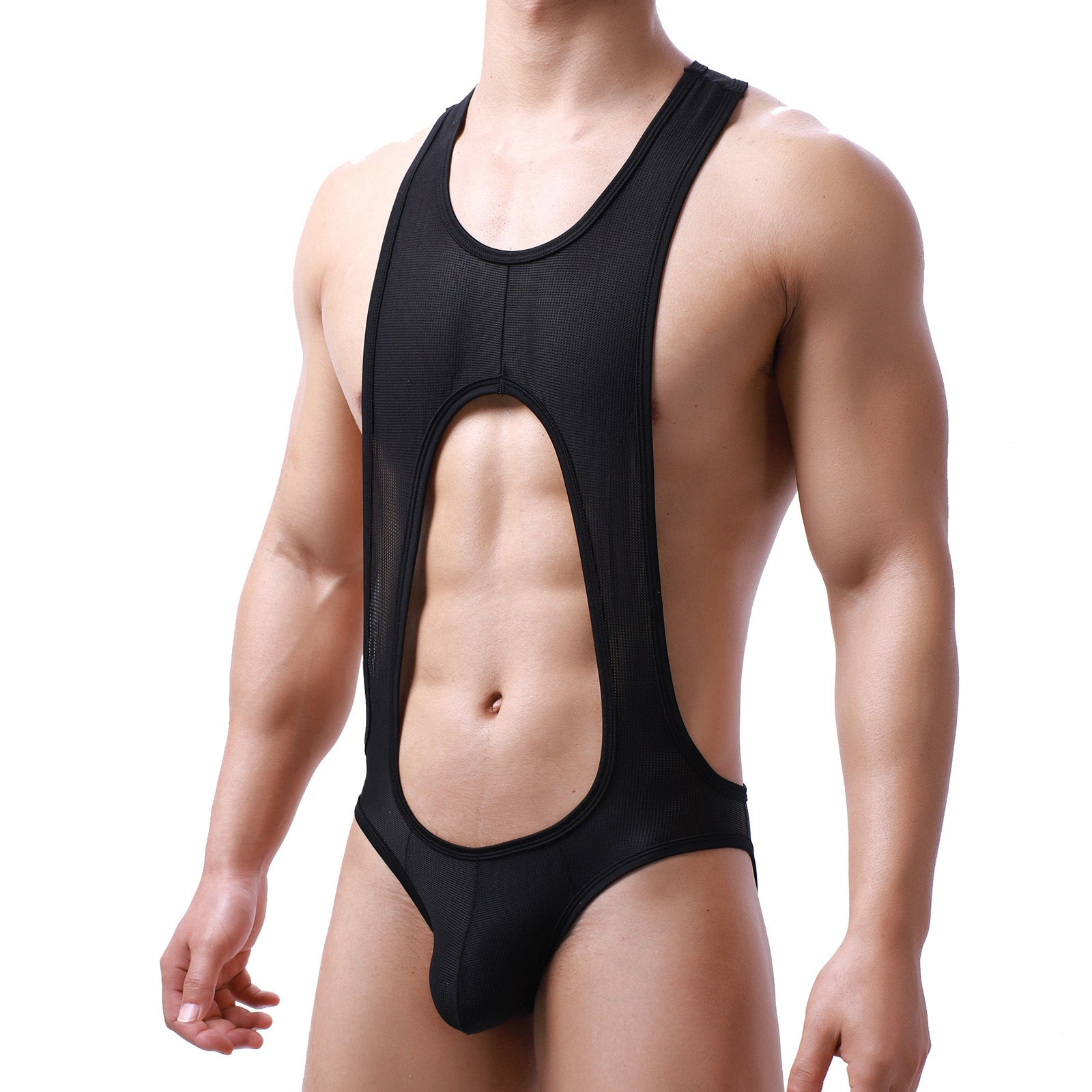 Side profile of the Aeron Men's Bodysuit showing the athletic racerback cut and body-contouring stretch fit.