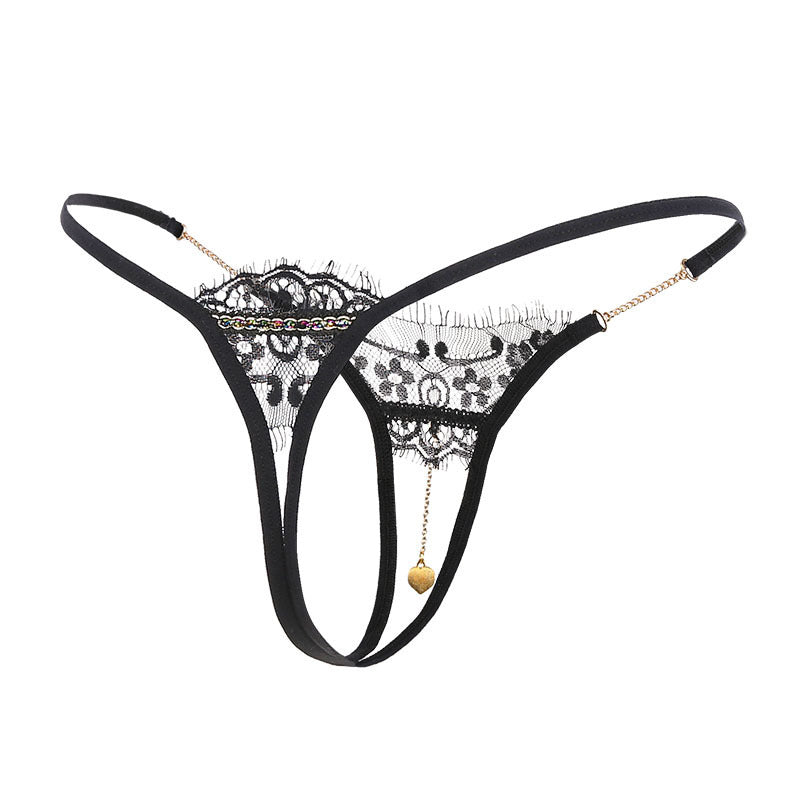 Back view of the Amora Bijoux black lace crotchless thong with gold chains. 