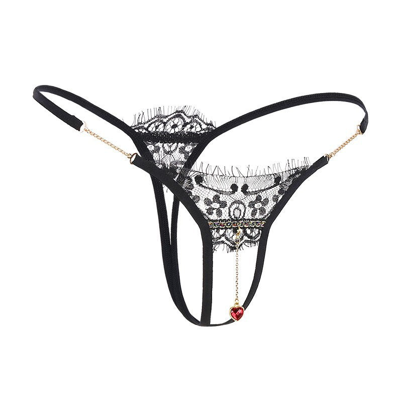 Side shot of the sheer black lace embroidery and the provocative open-frame design.