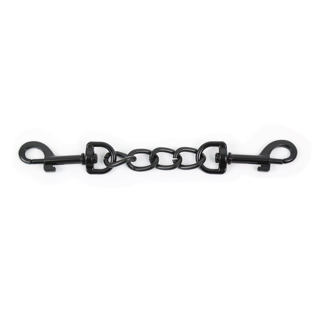 Heavy-duty black matte steel chain with swivel snap hooks for connecting patent leather cuffs.