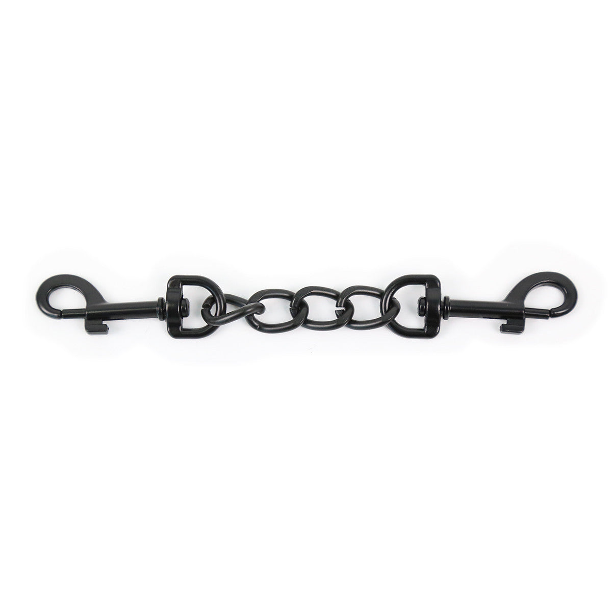 Heavy-duty black matte steel chain with swivel snap hooks for connecting patent leather cuffs.