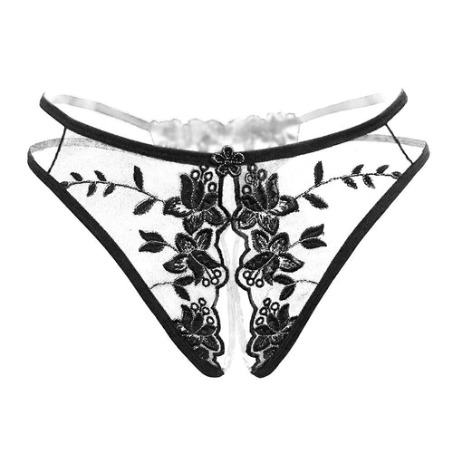 Embroidered mesh panty featuring floral detail in black.