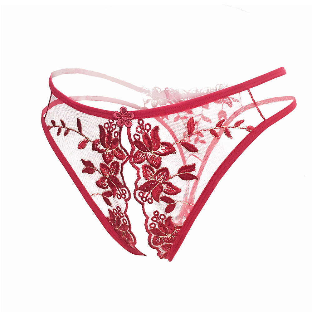 Red embroidered mesh panty shown from an alternate angle.