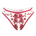 Sheer embroidered mesh panty with floral detailing in red.