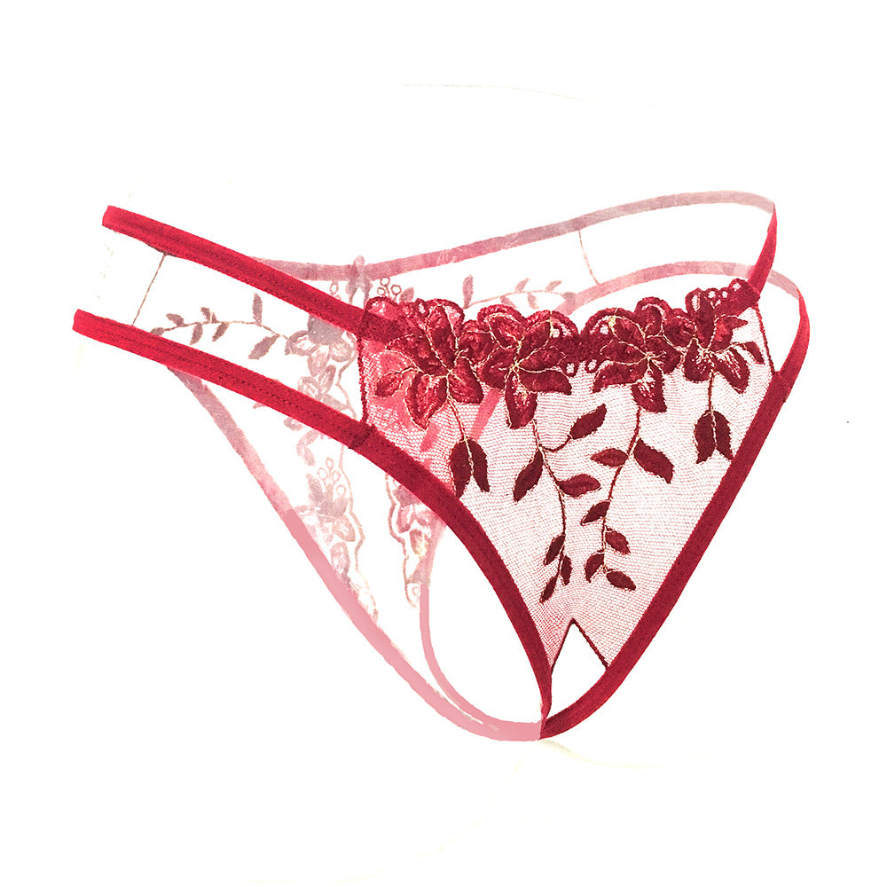 Side view of embroidered mesh panty with delicate strap design.