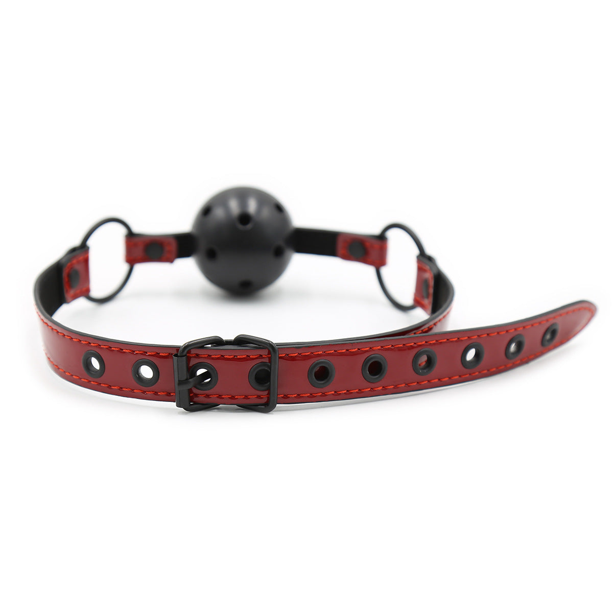 Side profile of the Crimson Quintet ball gag, highlighting the sleek strap design and comfortable, non-porous silicone ball.
