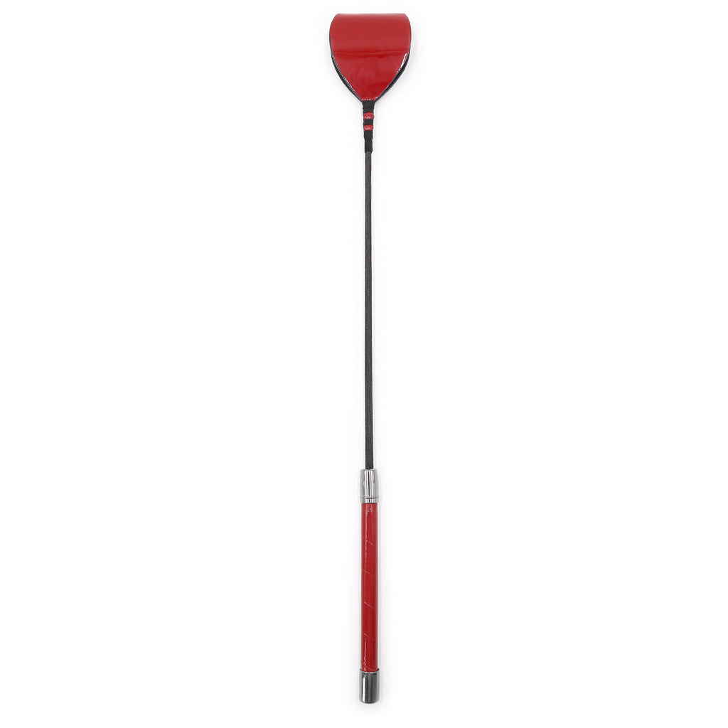 Full view of the Crimson Quintet riding crop in high-gloss red patent leather with a weighted handle and flexible tip for sensory play.