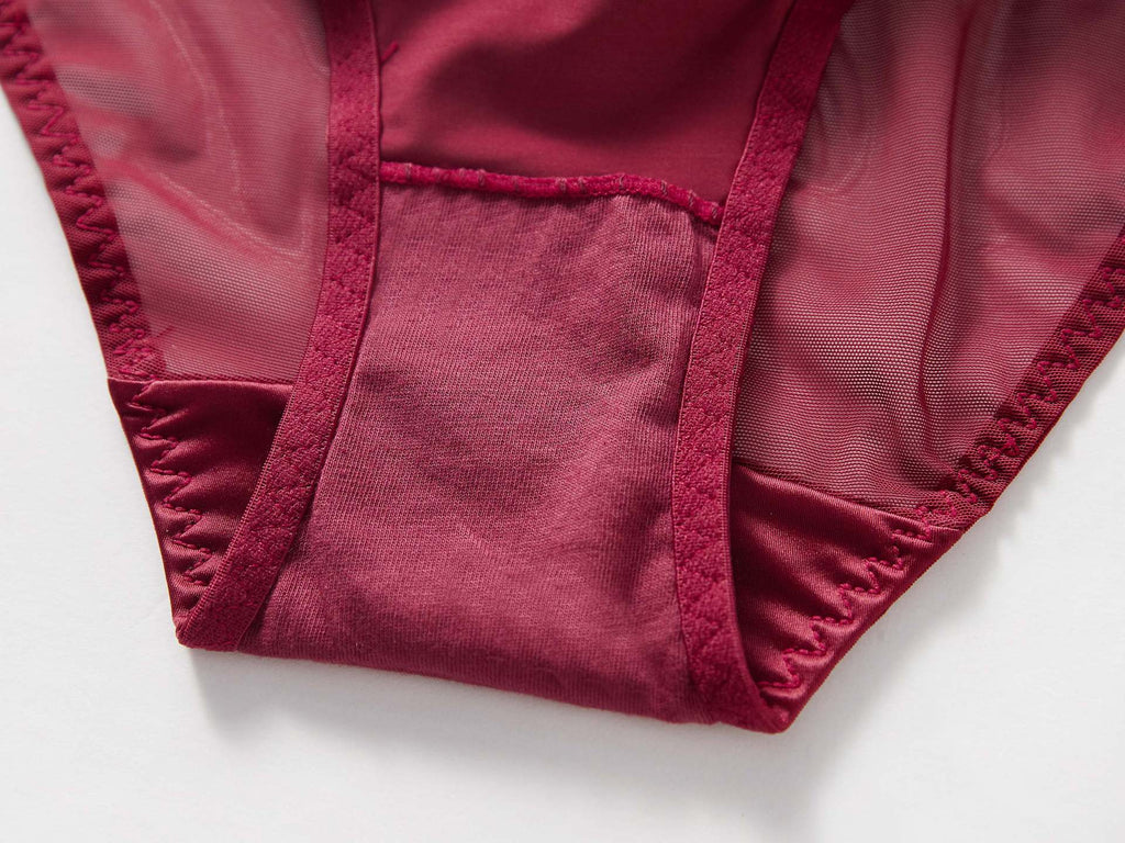 Close-up of the internal 100% pure cotton gusset lining for the Crimson Veil Geometric Mesh Brief.