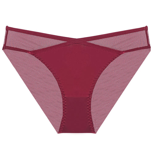 Front view of the Crimson Veil Geometric Mesh Brief in Crimson red with sheer mesh panels.