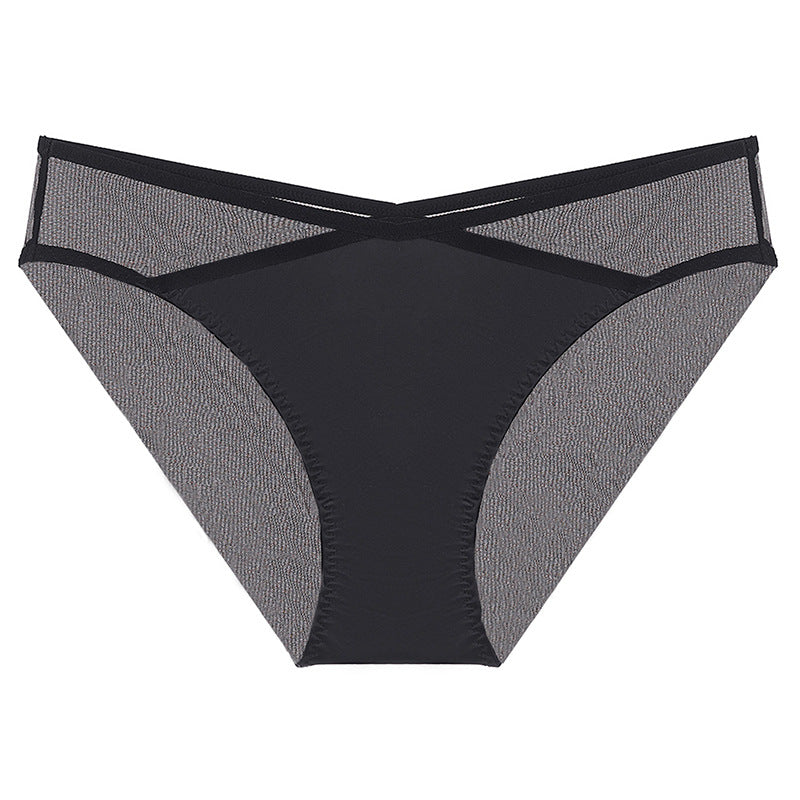 Front view of the Crimson Veil Geometric Mesh Brief in Noir featuring the signature crossover waistband.
