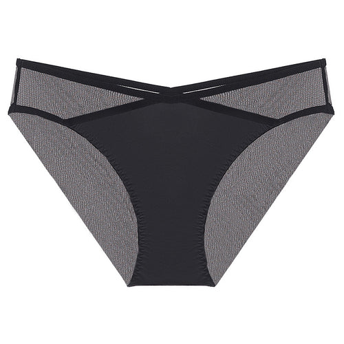 Front view of the Crimson Veil Geometric Mesh Brief in Noir featuring the signature crossover waistband.