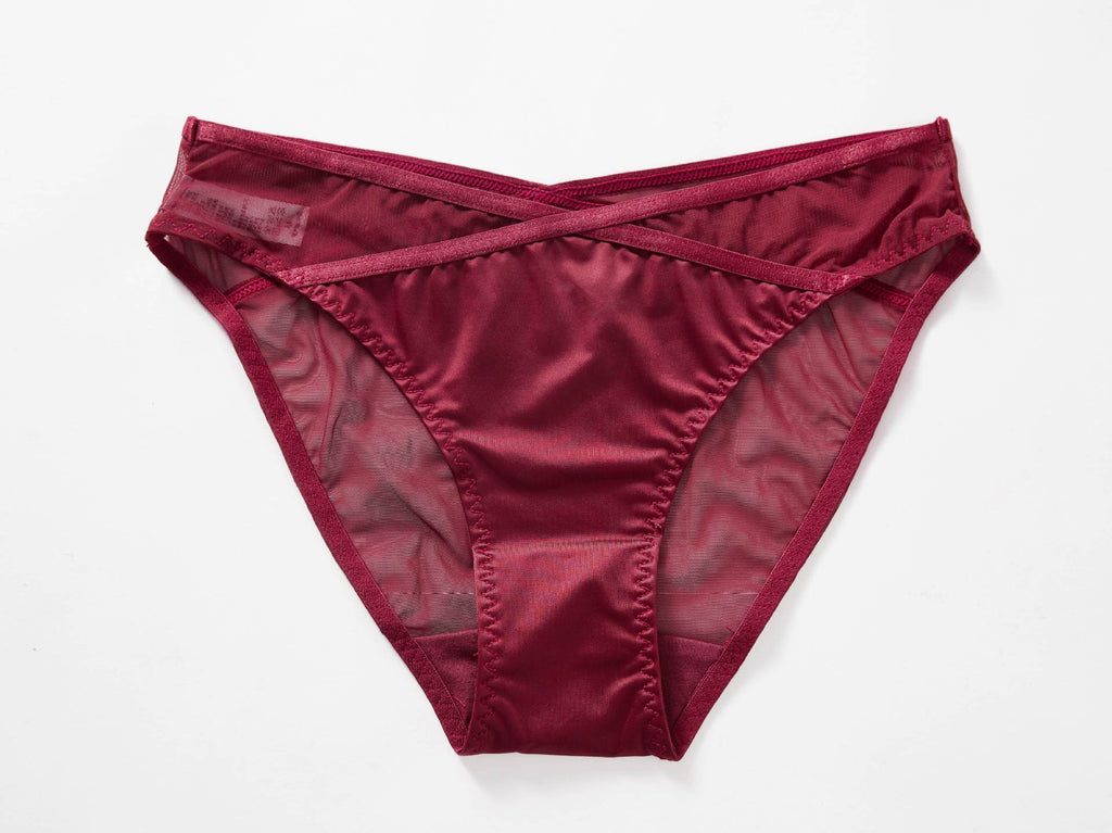 Front profile of the Crimson Veil Geometric Mesh Brief in red with sheer mesh and silky front panel.
