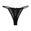 Black crochet lace semi-sheer thong panty displayed flat, front view.
