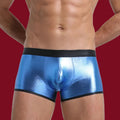Deep cobalt blue metallic boxers with a 4-way stretch membrane, curated for high-intensity neon and UV environments.