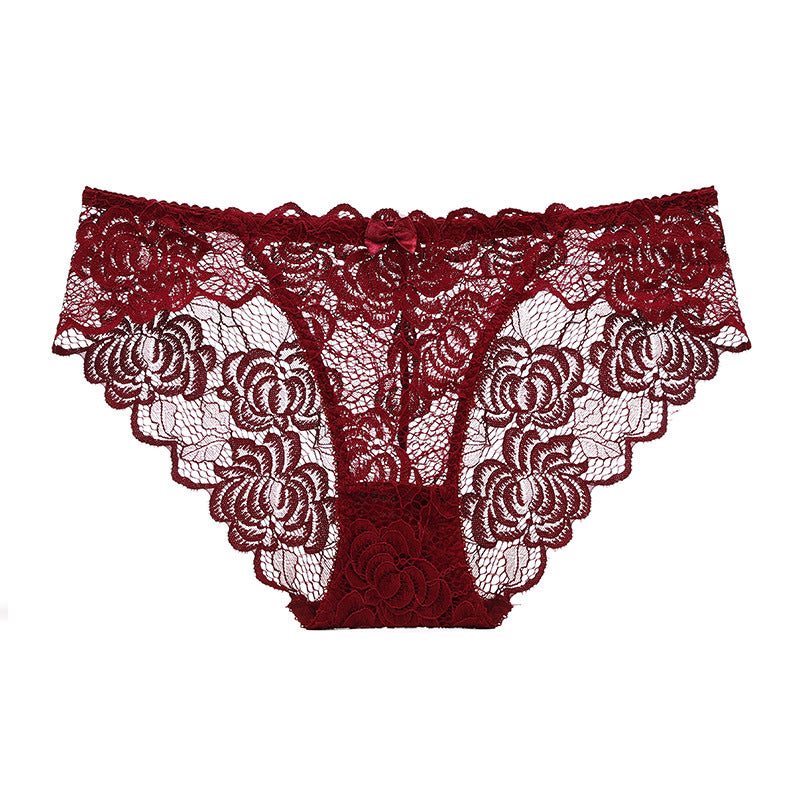 Front view of the Eternal Lace panty in Crimson Bloom red with floral lace.