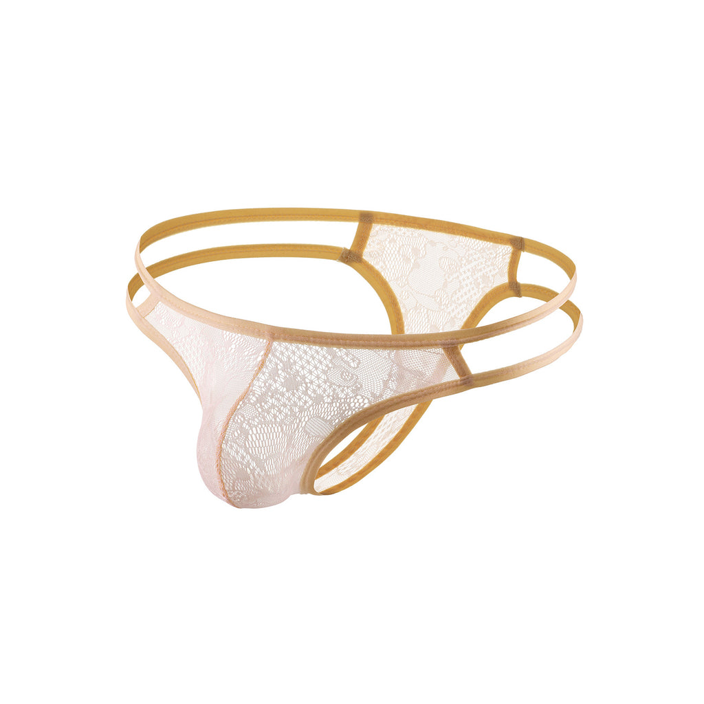3D studio render of the Ethereal Lace Brief in Nude on a white background, showing the floral lace pattern.