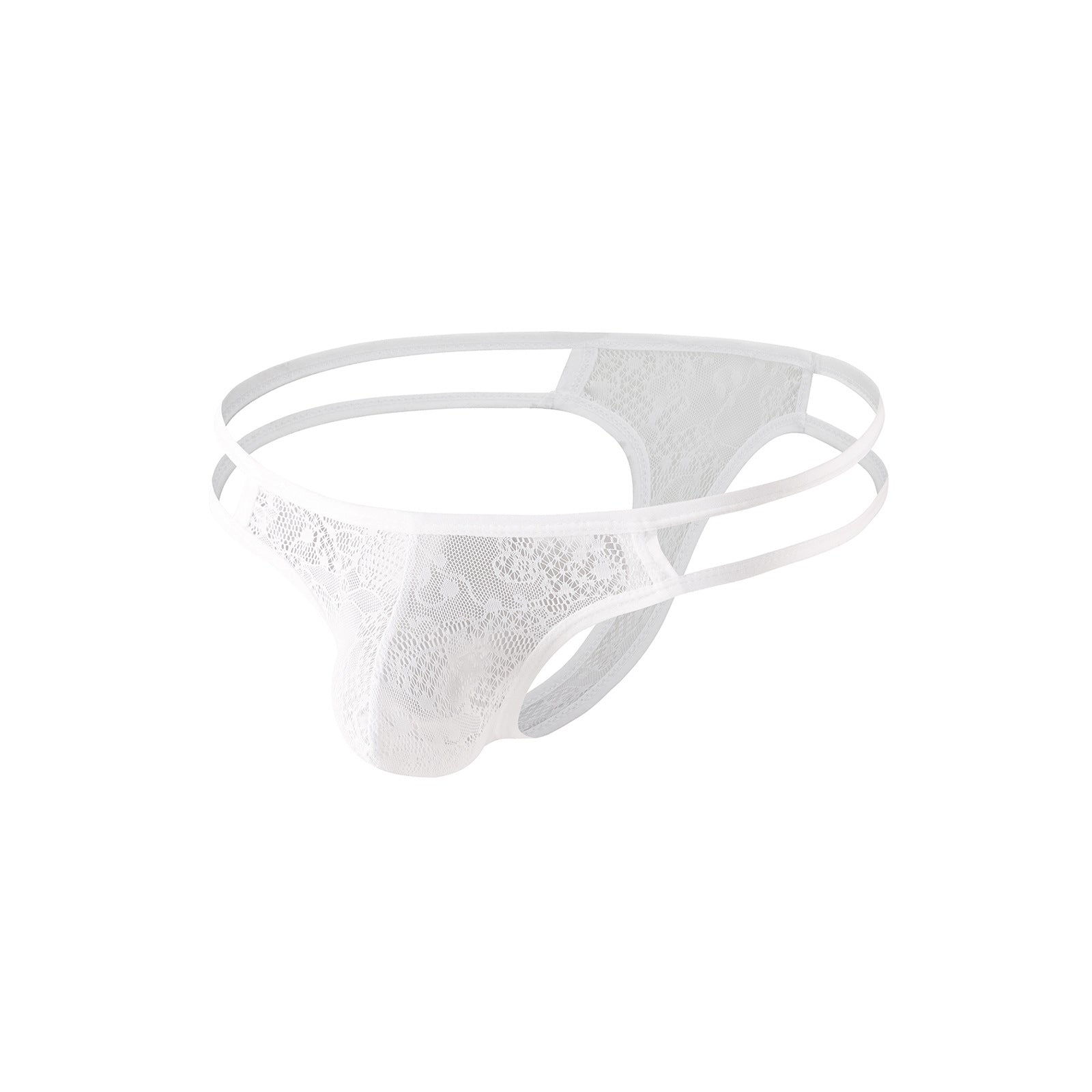 3D studio render of the Ethereal Lace Brief in White on a white background, showing the floral lace pattern.