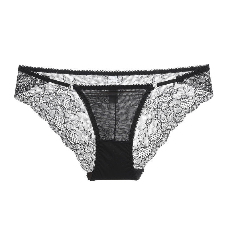 Classic Noir black satin panty with architectural strap details and floral eyelet lace.