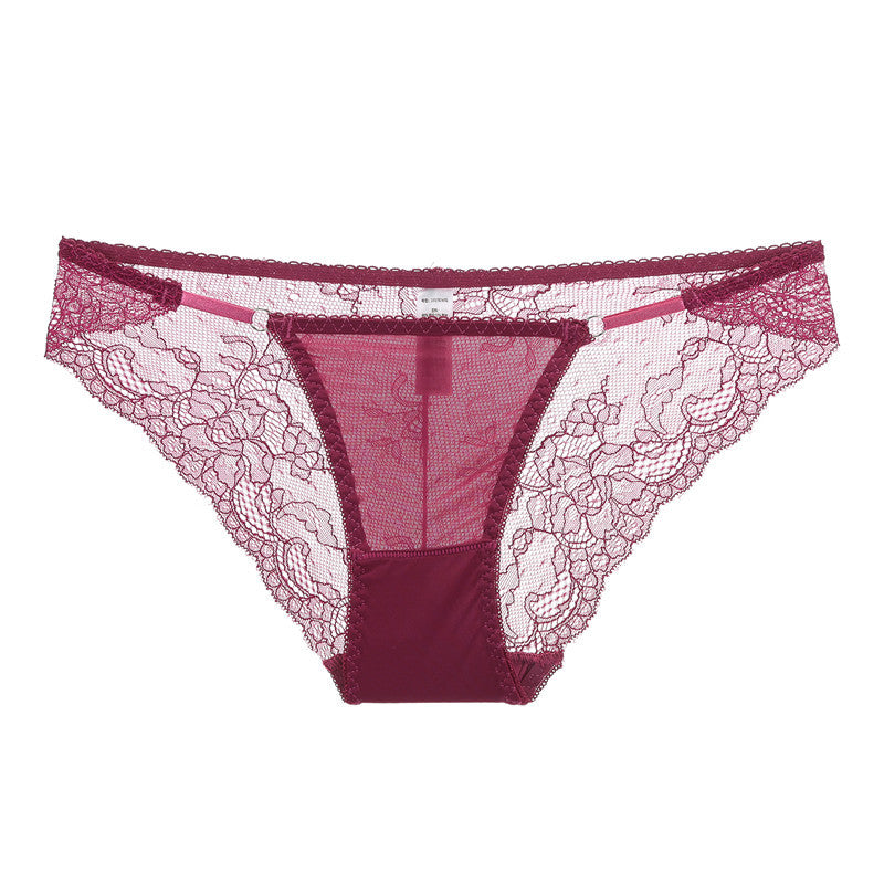 Front view of the Wine Red satin panty with eyelet lace keyhole and double-strap hips.