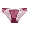 Front view of the Wine Red satin panty with eyelet lace keyhole and double-strap hips.