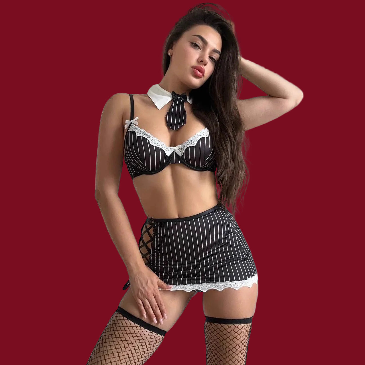 Front view of the Executive Temptation pinstripe and lace 4-piece lingerie set on a deep red editorial background.
