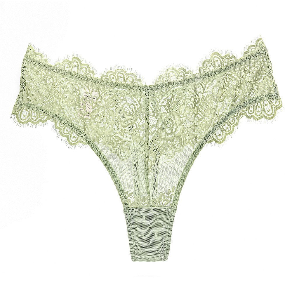Front view of the Fleur de Soir Noir sage lace thong with scalloped edges.