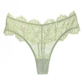 Front view of the Fleur de Soir Noir sage lace thong with scalloped edges.