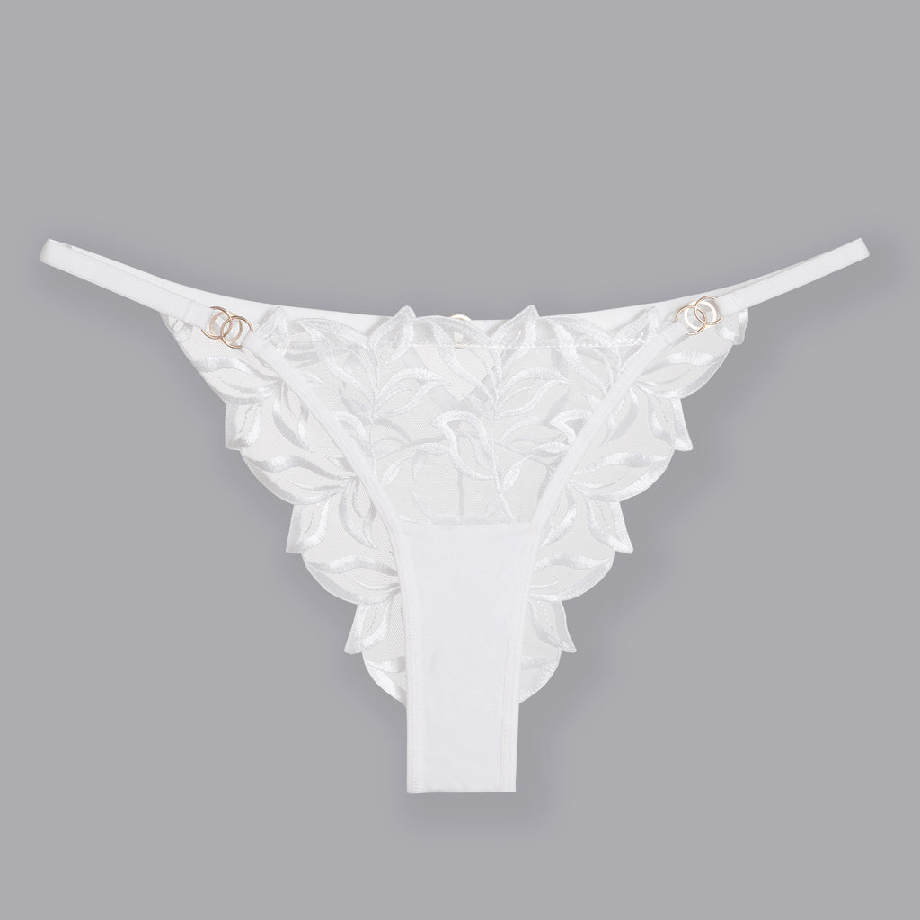 Front view of the Ivory white Flora Linear brief with transparent lace.