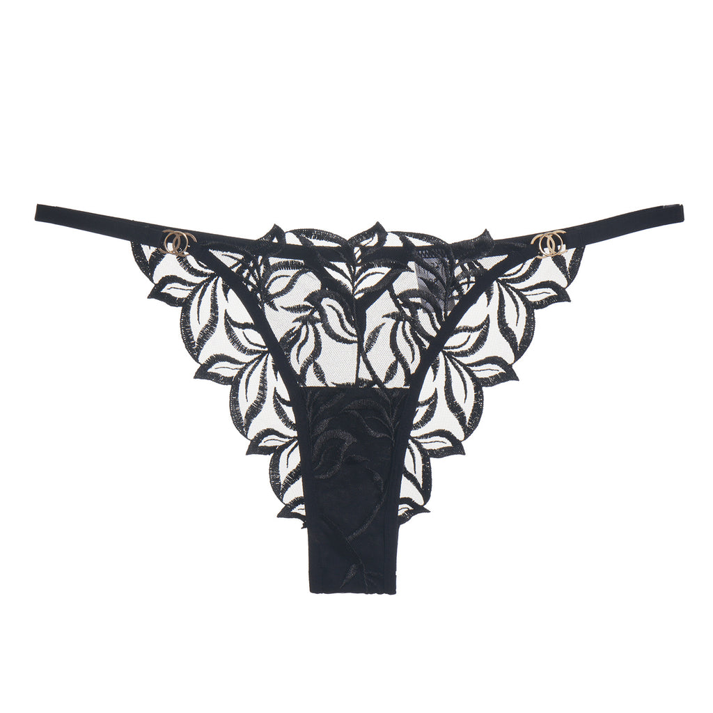 Front view of the Noir black sheer mesh brief featuring a mid-rise fit.