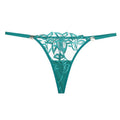 Front view of the Emerald green Flora Linear thong with botanical embroidery.