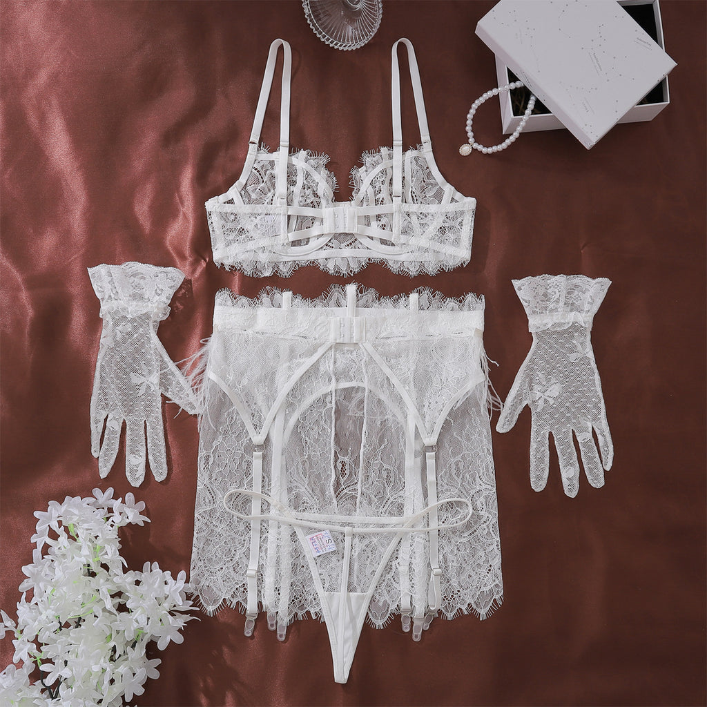A complete back view of The Weightless Hour 4-piece set, demonstrating the adjustable fit of the garter skirt and gloves.