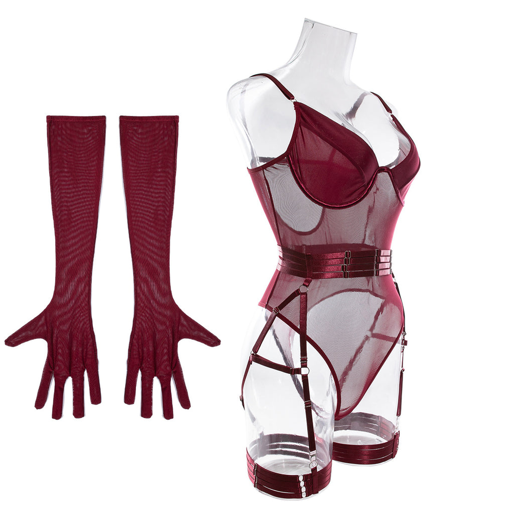 Angled front view on a transparent mannequin, illustrating the "floating" effect of the burgundy mesh and the structured harness fit.