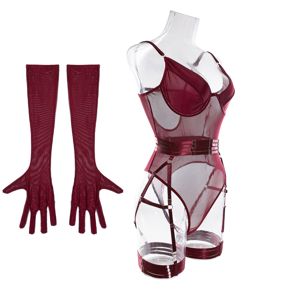 Angled front view on a transparent mannequin, illustrating the "floating" effect of the burgundy mesh and the structured harness fit.