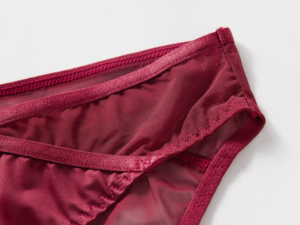 Macro shot of the reinforced geometric crossover waistband on the Crimson Veil mesh brief.