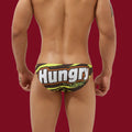 Rear view of the Hungry Heat brief featuring high-contrast comic-style HUNGRY lettering on a silky stretch-fit base.
