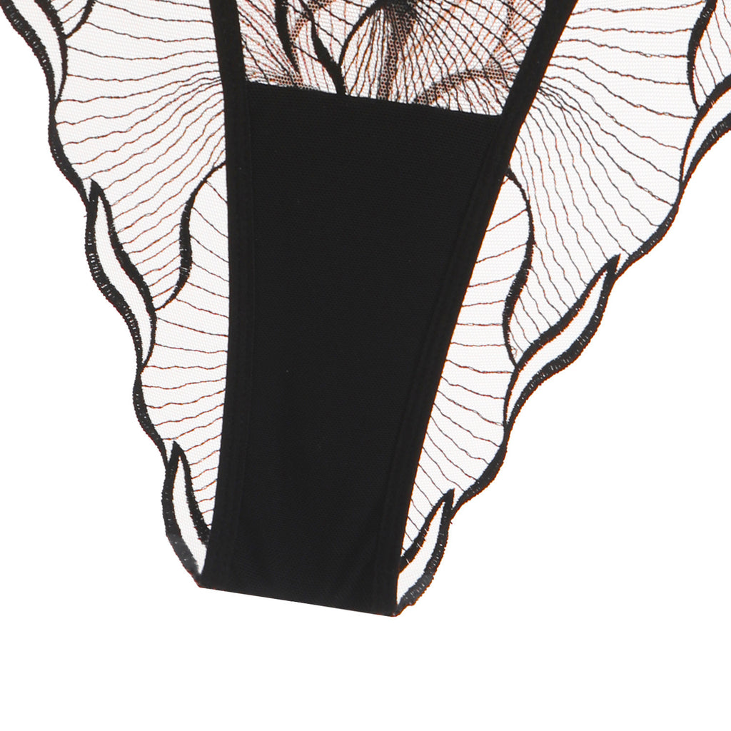 External view of the 100% natural cotton gusset lining in the Velour Tide sheer embroidered panty, black.