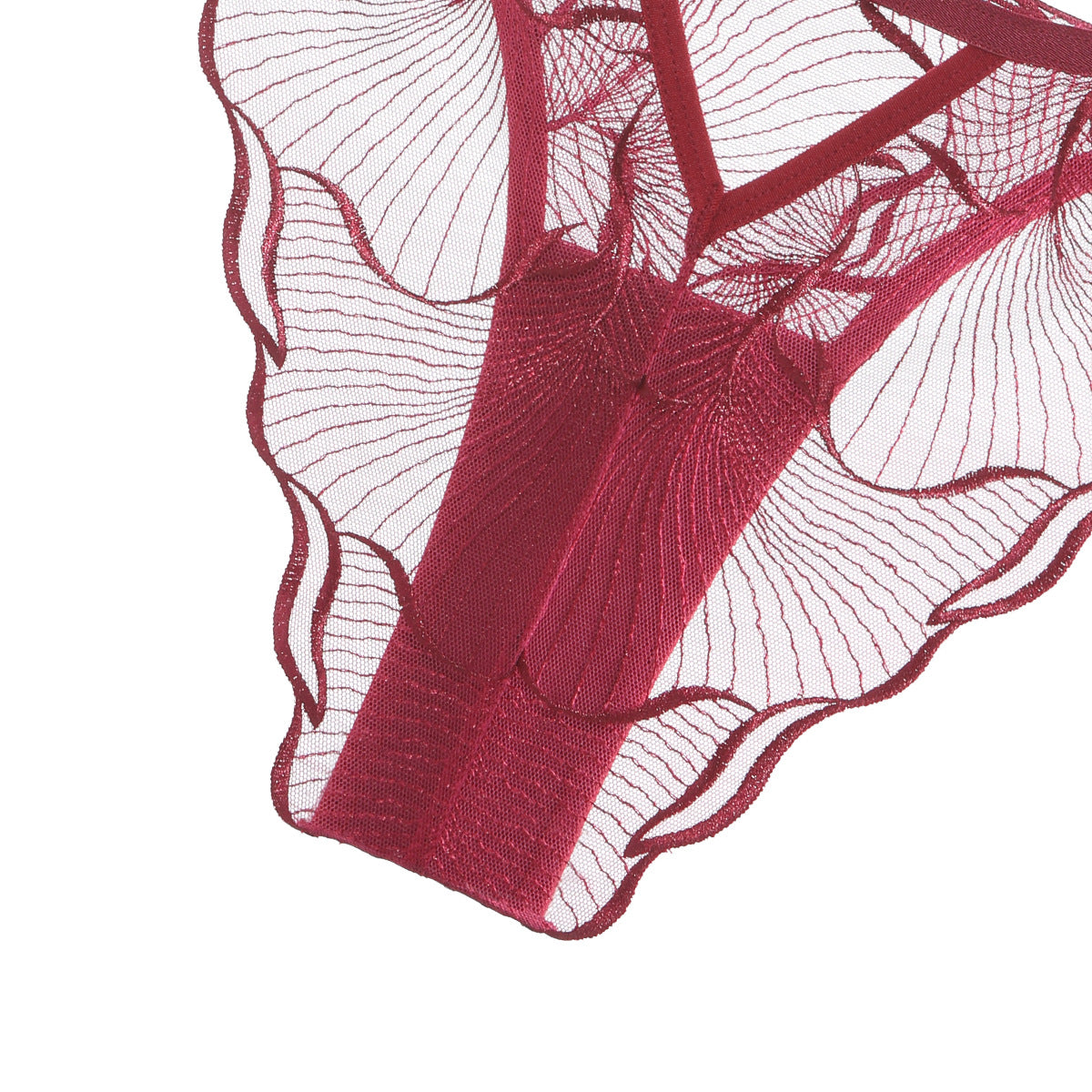 External view of the 100% natural cotton gusset lining in the Velour Tide sheer embroidered panty, crimson red.